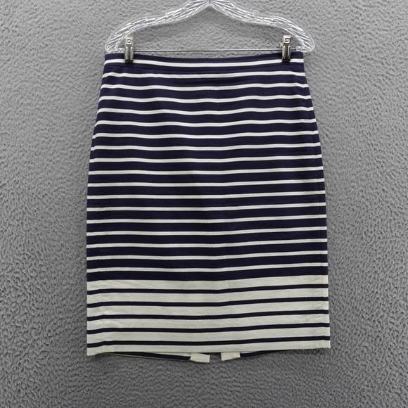 J Crew No 2 Pencil Skirt Size 6 Navy Blue Ivory Stripe Womens Career Preppy - Picture 1 of 13